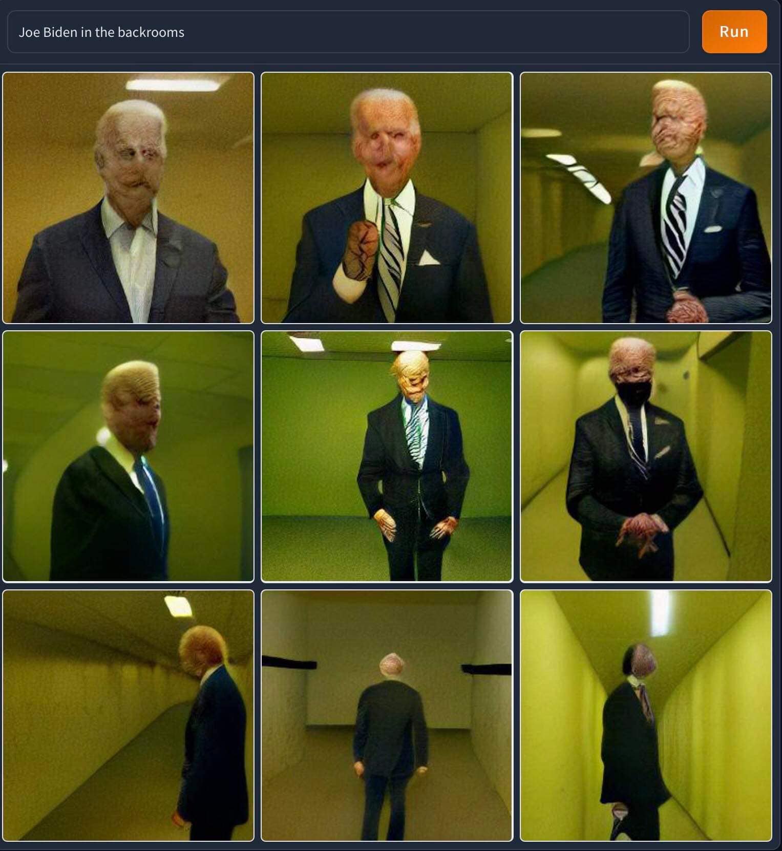 This meme features a series of images of Joe Biden, the 46th President of the United States, in a series of increasingly absurd and disturbing situations, including being in a room with a giant spider, being attacked by a zombie, and being in a room with a giant spider again. The text "Joe Biden in the backrooms" appears at the top of the image, a reference to a popular internet meme. The images are meant to be humorous and absurd, exaggerating the idea of being in a strange and terrifying place.